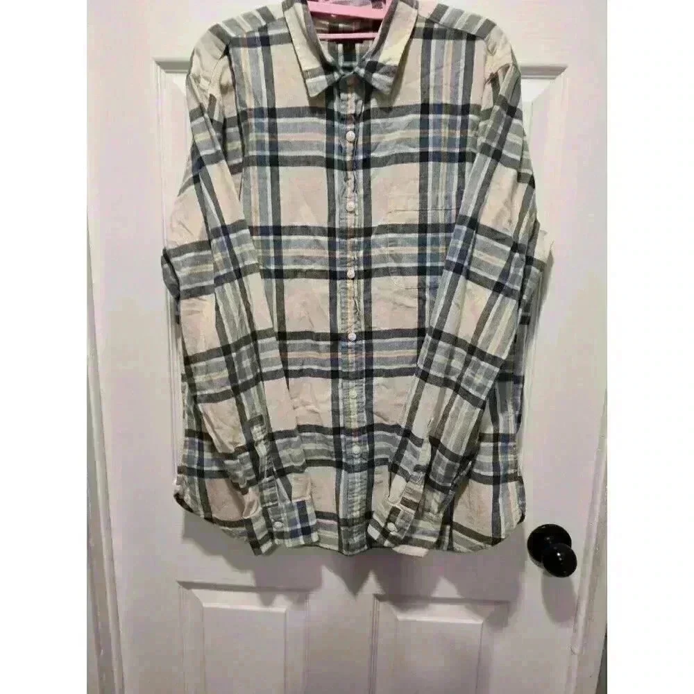 J. Crew Shirt Mens Casual Button Down in Ivory Plaid Size Large 100% Cotton Soft